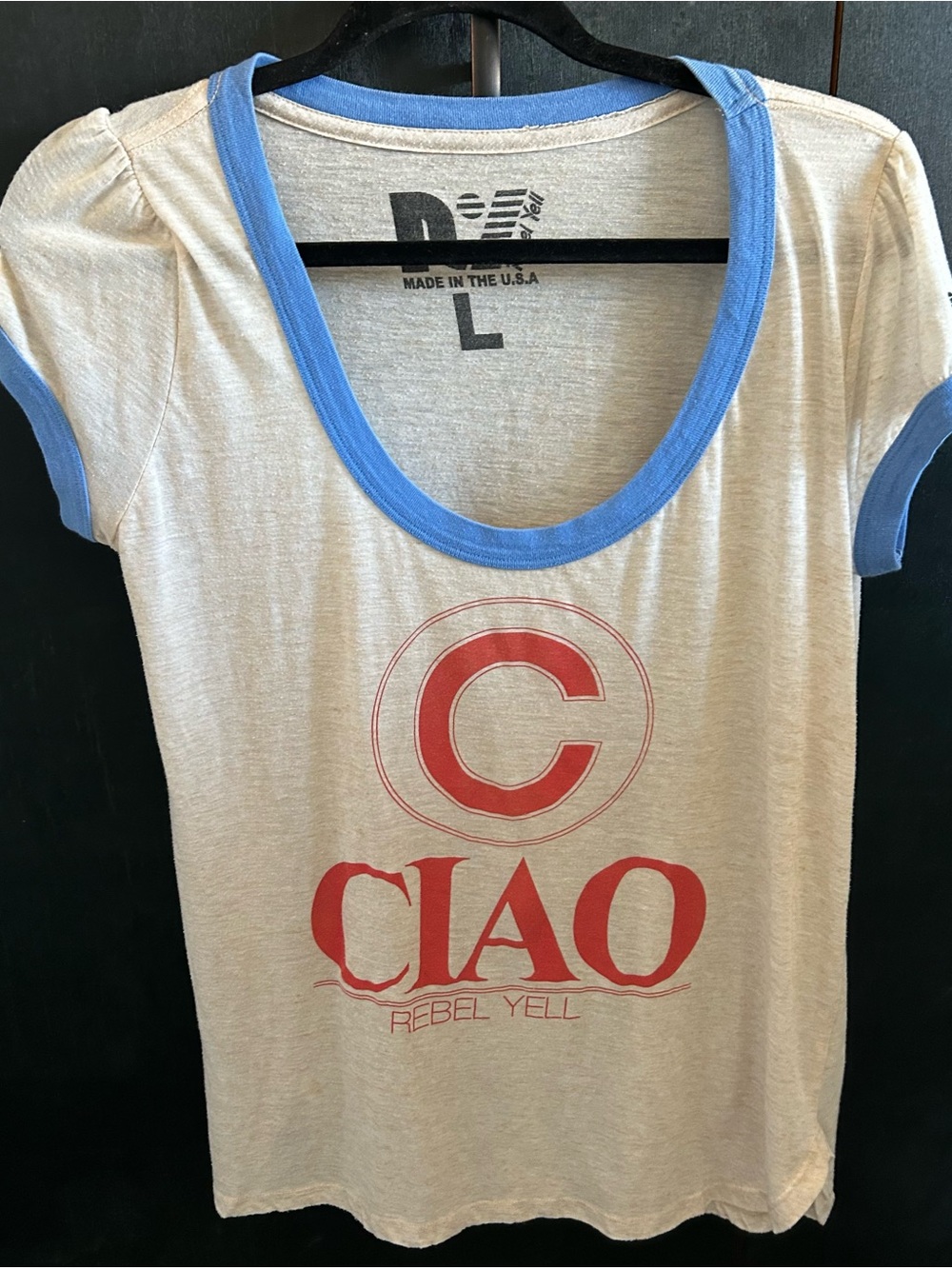 Rebel Yell Cream Tee with Blue Trim and Red Graphic
